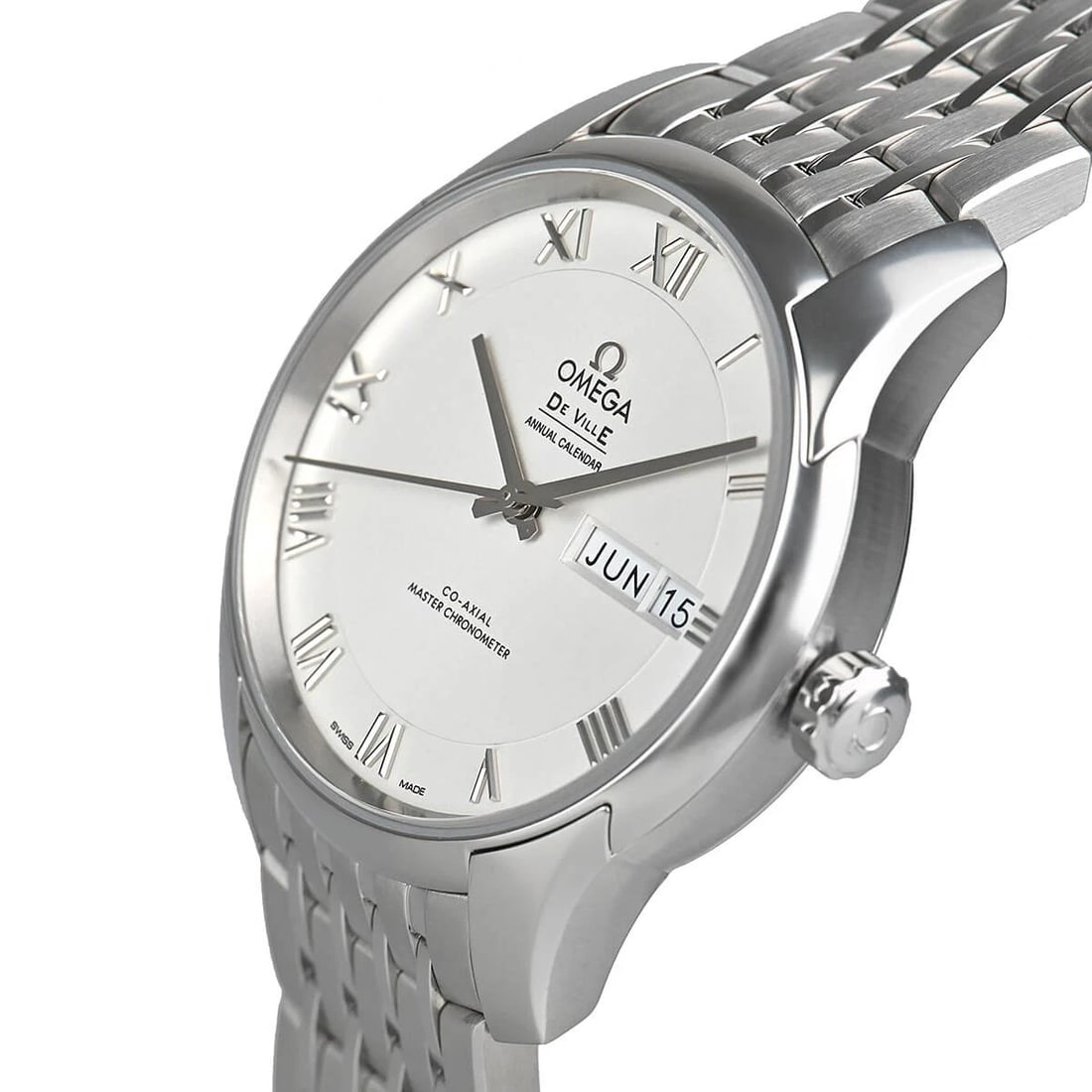 OMEGA DE VILLE HOURVISION CO-AXIAL ANNUAL CALENDAR WATCH: OMEGA De Ville HourVision Co-Axial Annual Calendar Watch Brand: OMEGA Type/Style: Wristwatch Material: Case Material stainless Color: Dial Color Silver Size: Case Size Case Size: 41.0mm Accessorie