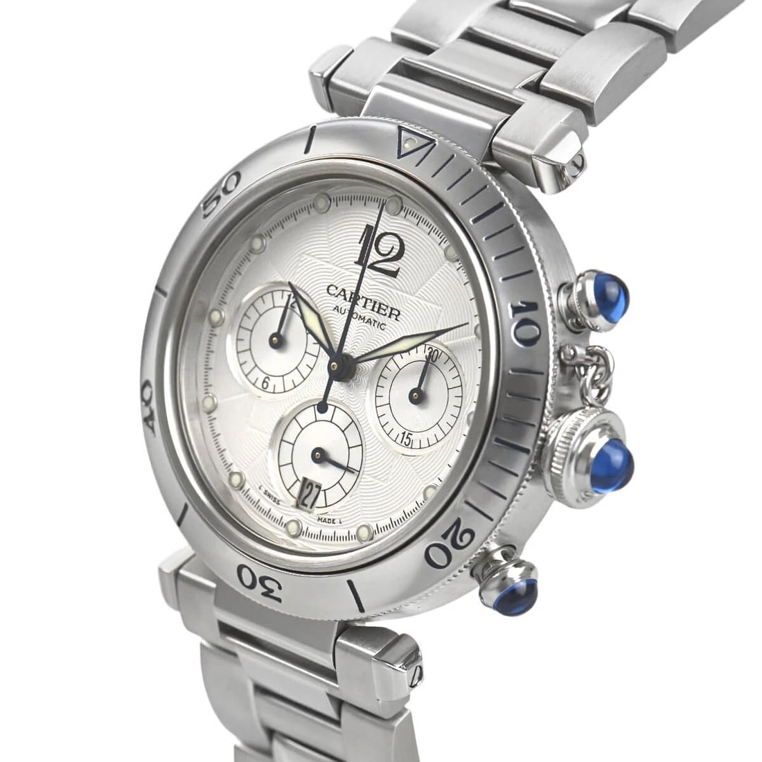 CARTIER PASHA 38 CHRONO WATCH: CARTIER Pasha 38 Chrono Watch Brand: CARTIER Type/Style: Wristwatch Material: Case Material stainless Color: Dial Color Silver Size: Case Size Case Size: 38.0mm Accessories: None Accessori