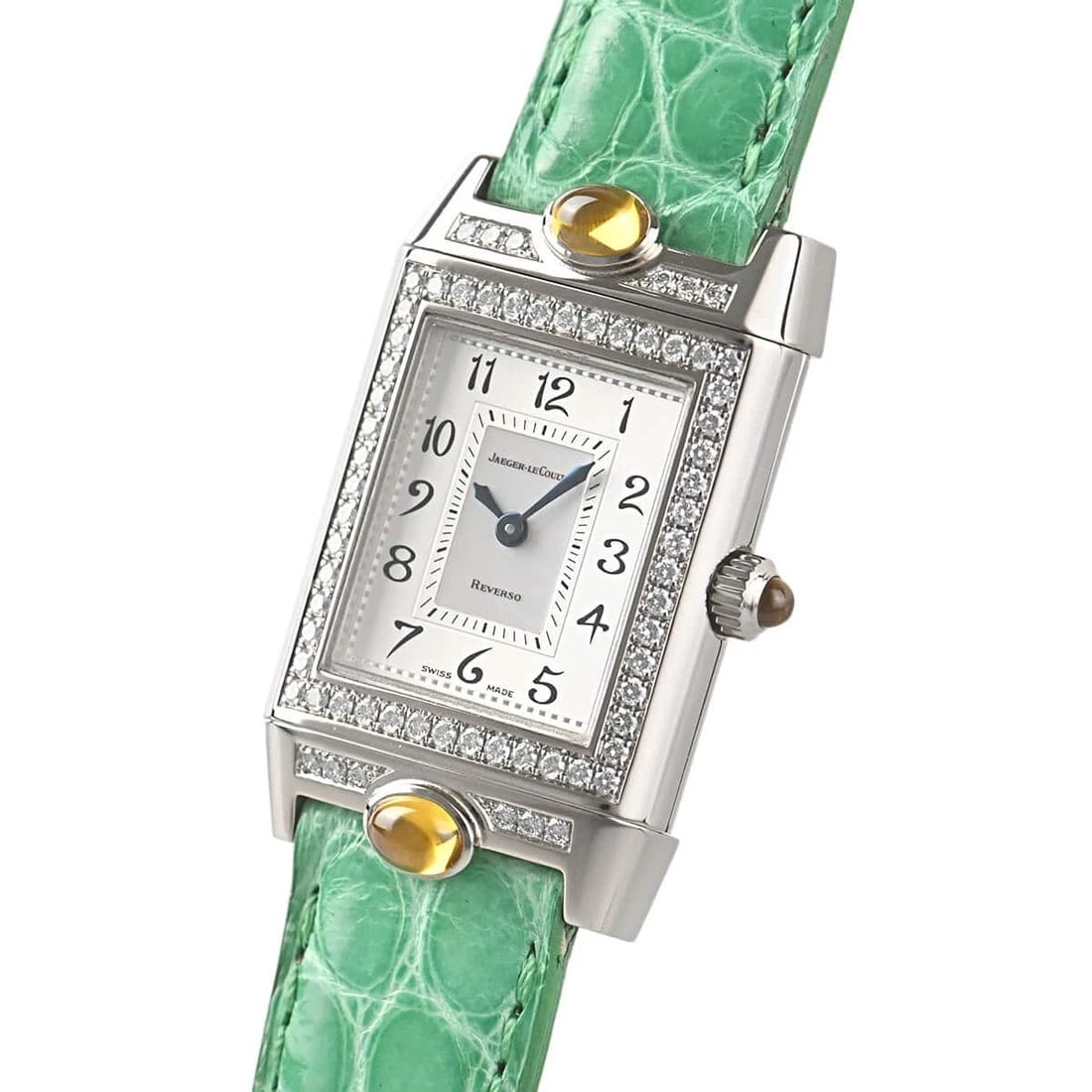 JAEGER-LECOULTRE REVERSO JOYFUL WATCH: JAEGER-LECOULTRE Reverso Joyful Watch Brand: JAEGER-LECOULTRE Type/Style: Wristwatch Material: Case Material White Gold Color: Dial Color Silver Size: Case Size Case Size: 33.1 x 20.0 mm Accessori