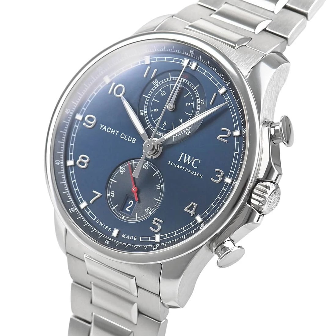 IWC PORTUGIESER YACHT CLUB CHRONOGRAPH WATCH: IWC Portugieser Yacht Club Chronograph Watch Brand: IWC Type/Style: Wristwatch Material: Case Material stainless Color: Dial Color blue Size: Case Size Case Size: 44.6mm Accessories: None