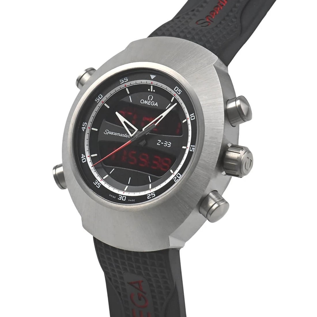 OMEGA SPACE MASTER WATCH: OMEGA Space Master Watch Brand: OMEGA Type/Style: Wristwatch Material: Case Material titanium Color: Dial Color black Size: Case Size Case Size: 53.0 x 43.0 mm Accessories: None Accessories Notice: