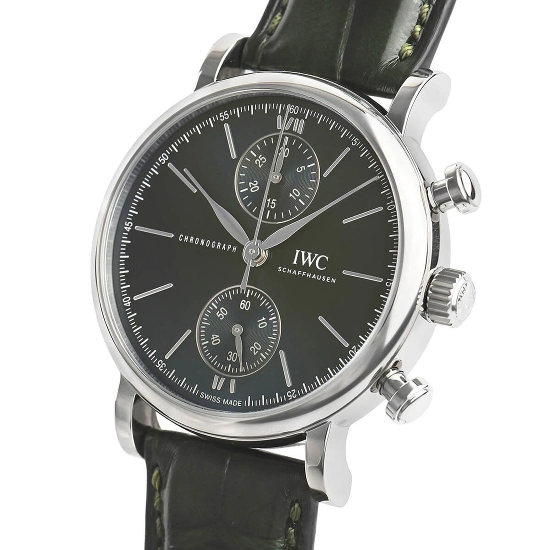 IWC PORTOFINO CHRONOGRAPH WATCH: IWC Portofino Chronograph Watch Brand: IWC Type/Style: Wristwatch Material: Case Material stainless Color: Dial Color green Size: Case Size Case Size: 39.0mm Accessories: None Accessories