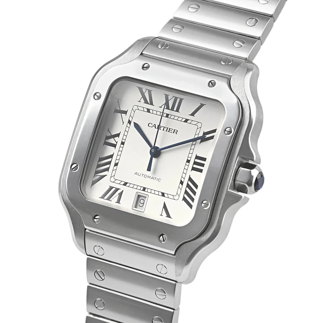 CARTIER SANTOS DE CARTIER LM WATCH: CARTIER Santos de Cartier LM Watch Brand: CARTIER Type/Style: Wristwatch Material: Case Material stainless Color: Dial Color Silver Size: Case Size Case Size: 39.8mm Accessories: None Accessories