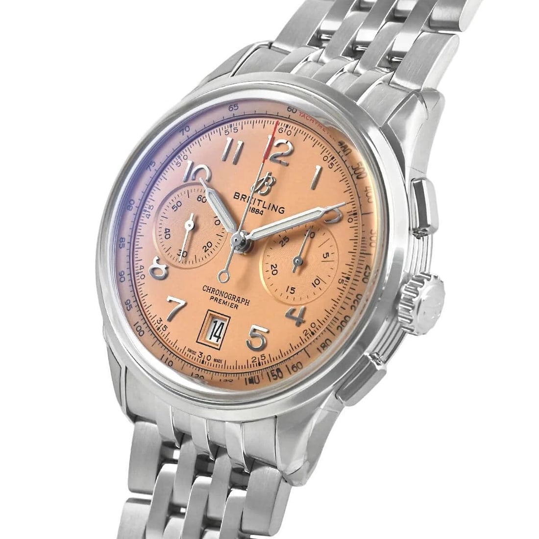 BREITLING PREMIER CHRONOGRAPH WATCH: BREITLING Premier Chronograph Watch Brand: BREITLING Type/Style: Wristwatch Material: Case Material stainless Color: Dial Color Copper Size: Case Size Case Size: 42.0mm Accessories: None A