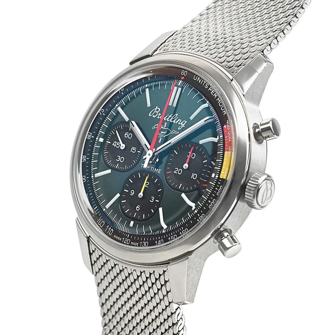 BREITLING TOP TIME: FORD MUSTANG WATCH: BREITLING Top time: Ford Mustang Watch Brand: BREITLING Type/Style: Wristwatch Material: Case Material stainless Color: Dial Color Green/Black Size: Case Size Case Size: 41.0mm Accessories: None