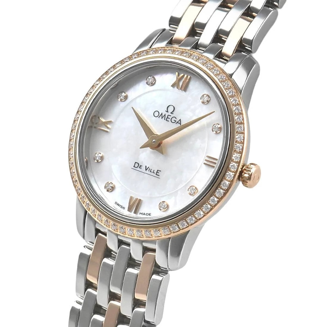 OMEGA DE VILLE PRESTIGE WATCH: OMEGA De Ville Prestige Watch Brand: OMEGA Type/Style: Wristwatch Material: Case Material Stainless steel and red gold Color: Dial Color white Size: Case Size Case Size: 27.4mm Accessories: None