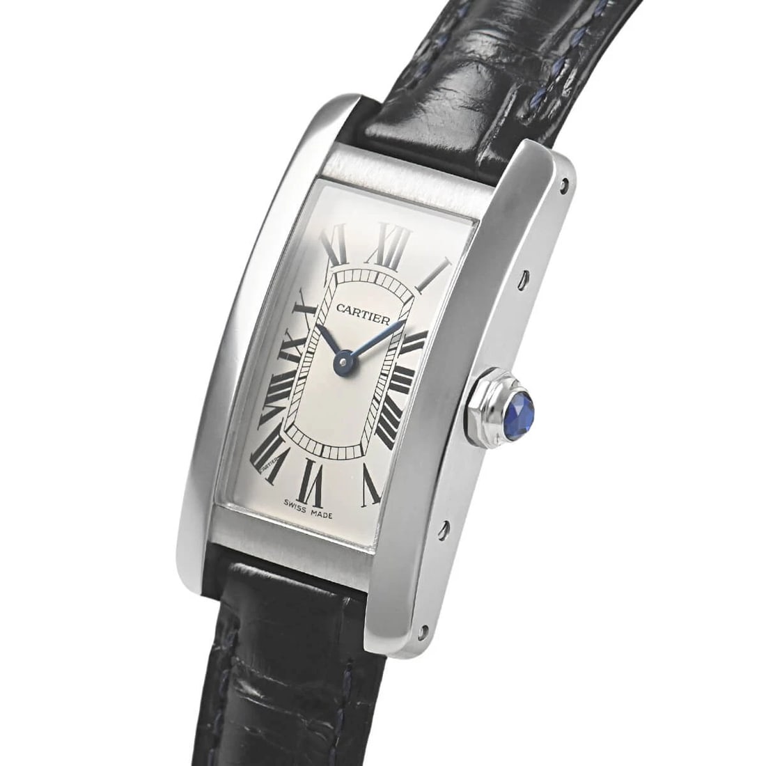 CARTIER TANK AMERICAN SM WATCH: CARTIER Tank American SM Watch Brand: CARTIER Type/Style: Wristwatch Material: Case Material stainless Color: Dial Color Silver Size: Case Size Case Size: 34.8 x 19.0 mm Accessories: None