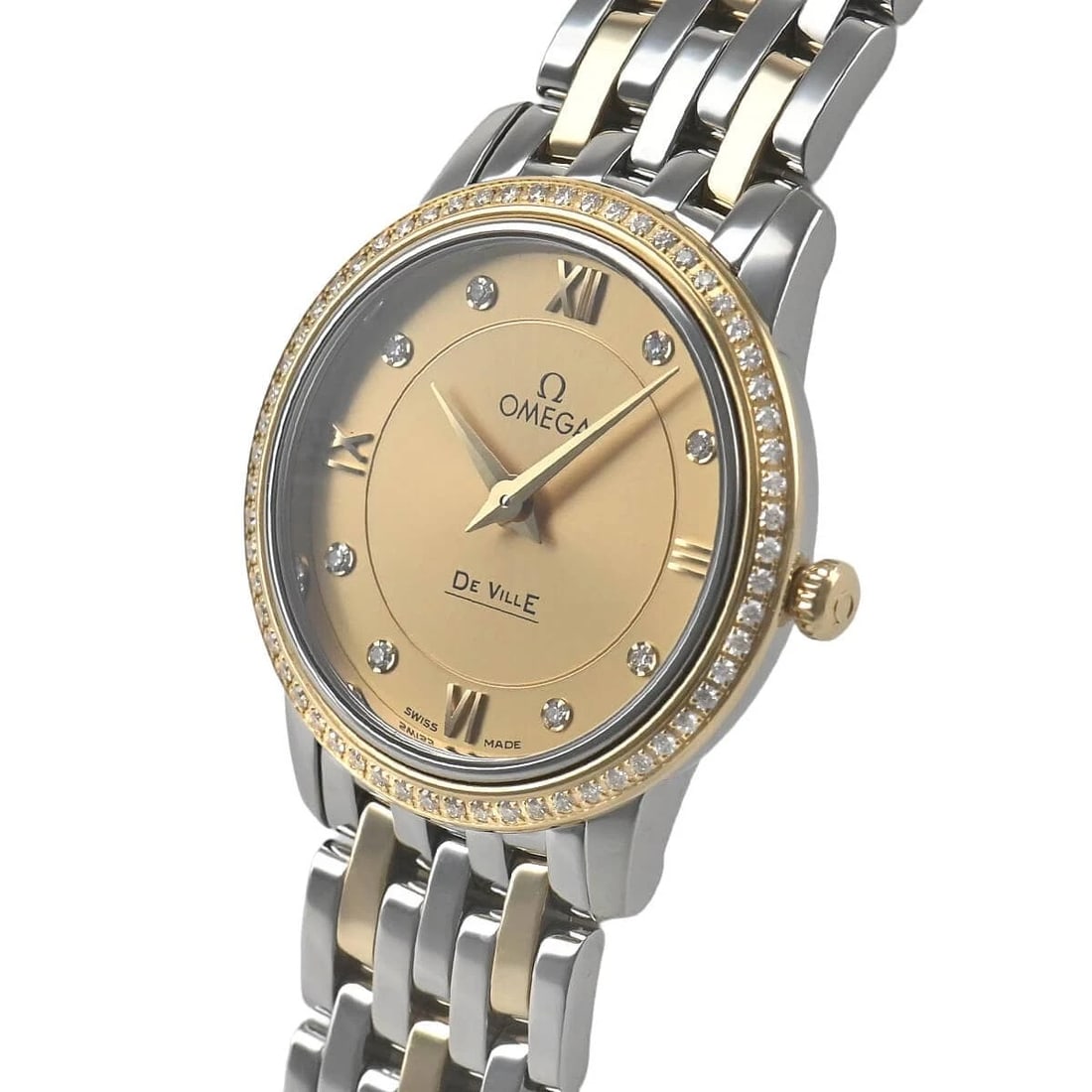 OMEGA DE VILLE PRESTIGE WATCH: OMEGA De Ville Prestige Watch Brand: OMEGA Type/Style: Wristwatch Material: Case Material Stainless steel and yellow gold Color: Dial Color Champagne Size: Case Size Case Size: 27.4mm Accessories: