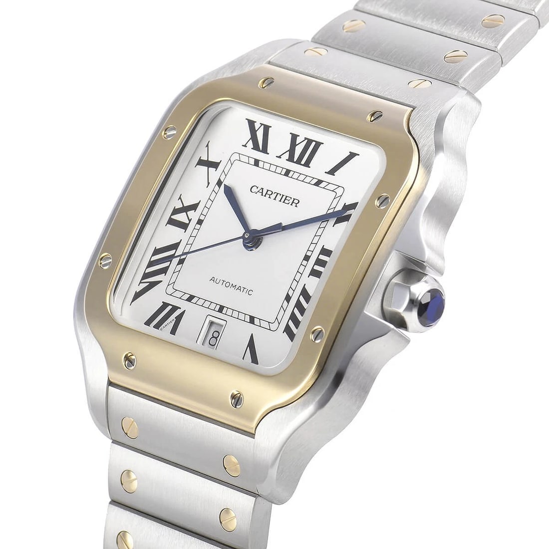 CARTIER SANTOS DE CARTIER LM WATCH: CARTIER Santos de Cartier LM Watch Brand: CARTIER Type/Style: Wristwatch Material: Case Material Stainless steel and yellow gold Color: Dial Color Silver Size: Case Size Case Size: 39.8 x 39.8 mm