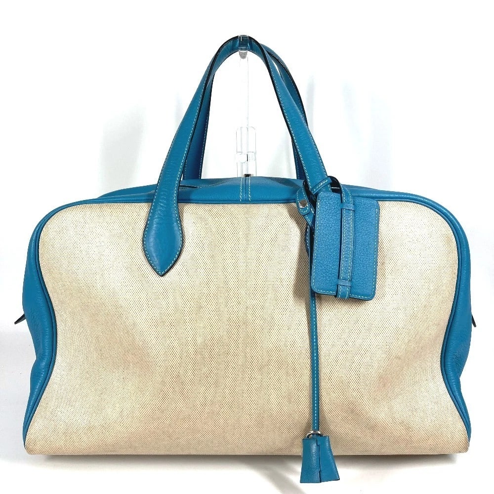 HERMES VICTORIA 43 BOSTON BAG HAND BAG TOILE H: HERMES Victoria 43 Boston Bag Hand Bag Toile H Brand: HERMES Type/Style: Duffle Bag Material: Toile H / Leather Color: Blue x Beige Size: W16.9?H10.2?D7.9inch / W43cm H26cm D20cm Accessories: None
