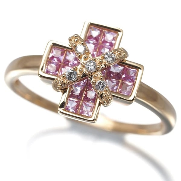 LES ESSENTIELLES PINK SAPPHIRE DIAMOND CROSS RING 18K RG: LES ESSENTIELLES Pink Sapphire Diamond Cross Ring 18K RG Brand: LES ESSENTIELLES Type/Style: Ring Material: 18K RG Main Stone Natural Color: Rose Gold Size: US 8.5-8.75 Accessories: None A