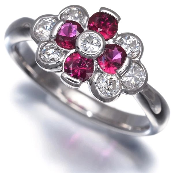 RUBY DIAMOND FLOWER RING 900 PLATINUM: Ruby Diamond Flower Ring 900 Platinum Brand: Unbranded Type/Style: Ring Material: 900 Platinum Main Stone Natural Color: Platinum Size: US 6-6.25 Accessories: None Accessories Notice: When purchasing