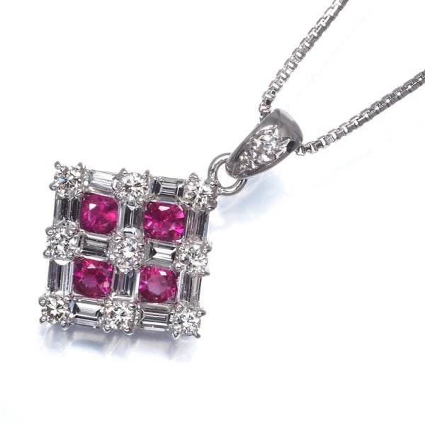RUBY DIAMOND SQUARE NECKLACE 18K 750 WHITE GOLD (1 of 2)
