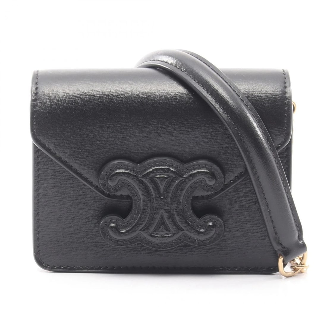 CELINE CUIR TRIOMPHE MINI CHAIN SHOULDER CROSSBODY BAG: CELINE Cuir Triomphe Mini Chain Shoulder Crossbody Bag Brand: CELINE Type/Style: Shoulder Bag Material: Exterior Material leather Color: Exterior Color Black?ish colors Size: H:8cm x W:10.5cm x D:4.5c