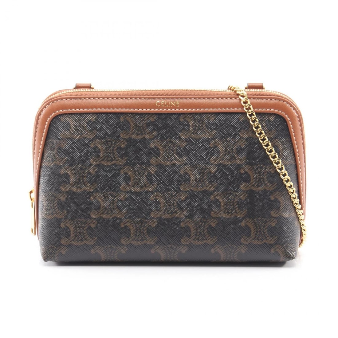 CELINE CHAIN CLUTCH TRIOMPHE SHOULDER BAG: CELINE Chain Clutch Triomphe Shoulder Bag Brand: CELINE Type/Style: Shoulder Bag Material: Exterior Material PVC coated canvas and leather Color: Exterior Color Black?ish colors and Brown?ish colors S