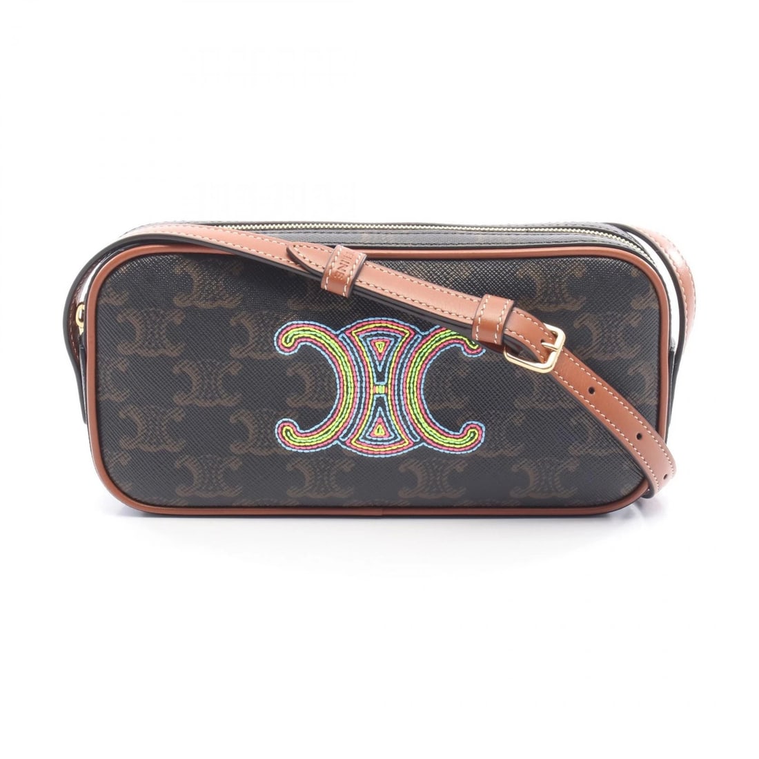 CELINE TRIOMPHE MINI CAMERA SHOULDER BAG: CELINE Triomphe Mini Camera Shoulder Bag Brand: CELINE Type/Style: Shoulder Bag Material: Exterior Material PVC coated canvas and leather Color: Exterior Color Brown?ish colors and Multicolor?ish colo