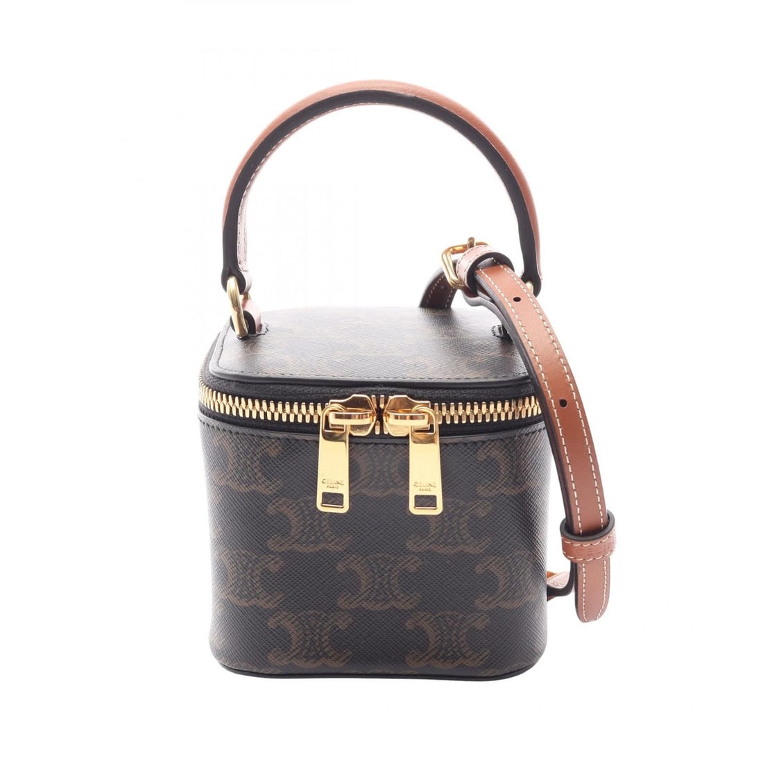 CELINE TRIOMPHE MINI VANITY SHOULDER HANDBAG: CELINE Triomphe Mini Vanity Shoulder Handbag Brand: CELINE Type/Style: Handbag Material: Exterior Material PVC coated canvas and leather Color: Exterior Color Black?ish colors and Brown?ish colors Siz