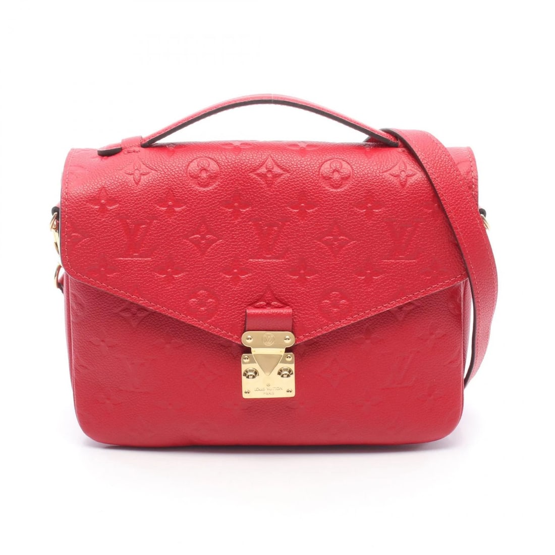 LOUIS VUITTON POCHETTE SHOULDER CROSSBODY HANDBAG: LOUIS VUITTON Pochette Shoulder Crossbody Handbag Brand: LOUIS VUITTON Type/Style: Handbag Material: Exterior Material Monogram empreinte and leather Color: Exterior Color Cerise / Red?ish colors Size