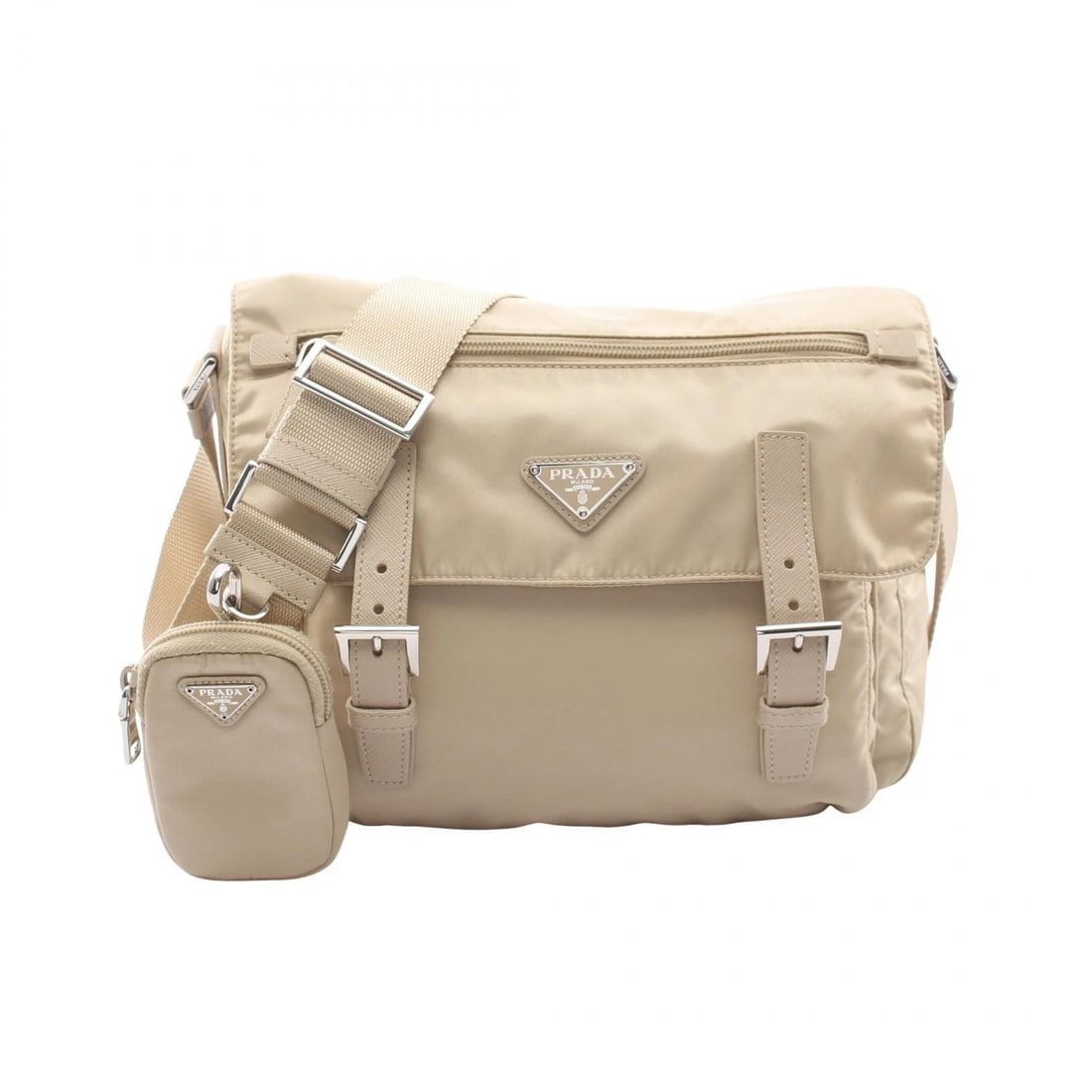 PRADA VELA CROSSBODY SHOULDER BAG: PRADA VELA Crossbody Shoulder Bag Brand: PRADA Type/Style: Shoulder Bag Material: Exterior Material Nylon and Saffiano leather Color: Exterior Color Beige?ish colors Size: H:23cm x W:30cm x D:12cm (H: