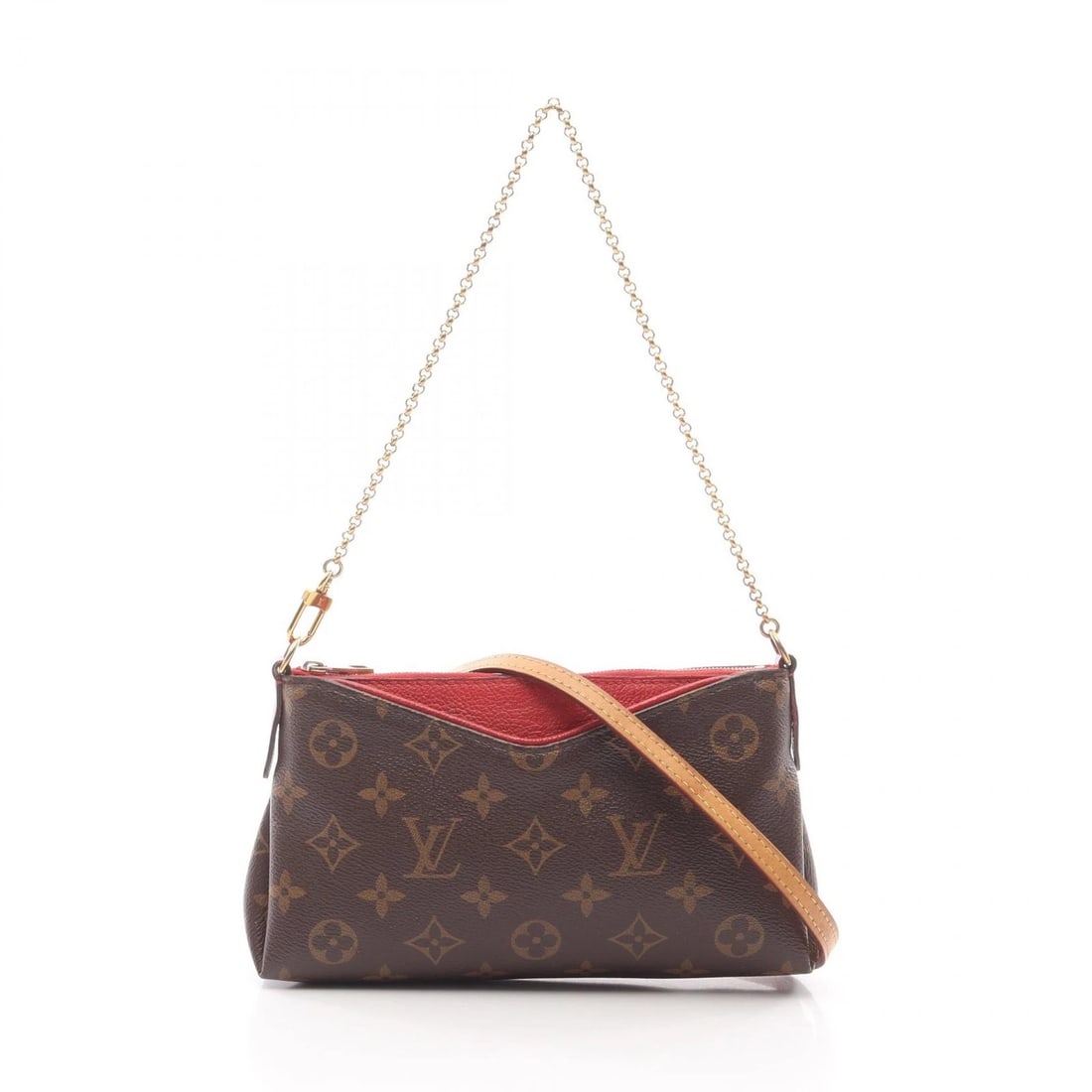 LOUIS VUITTON PALLAS CLUTCH SHOULDER HANDBAG: LOUIS VUITTON Pallas Clutch Shoulder Handbag Brand: LOUIS VUITTON Type/Style: Handbag Material: Exterior Material PVC coated canvas and leather Color: Exterior Color Red / Brown?ish colors and Red?ish