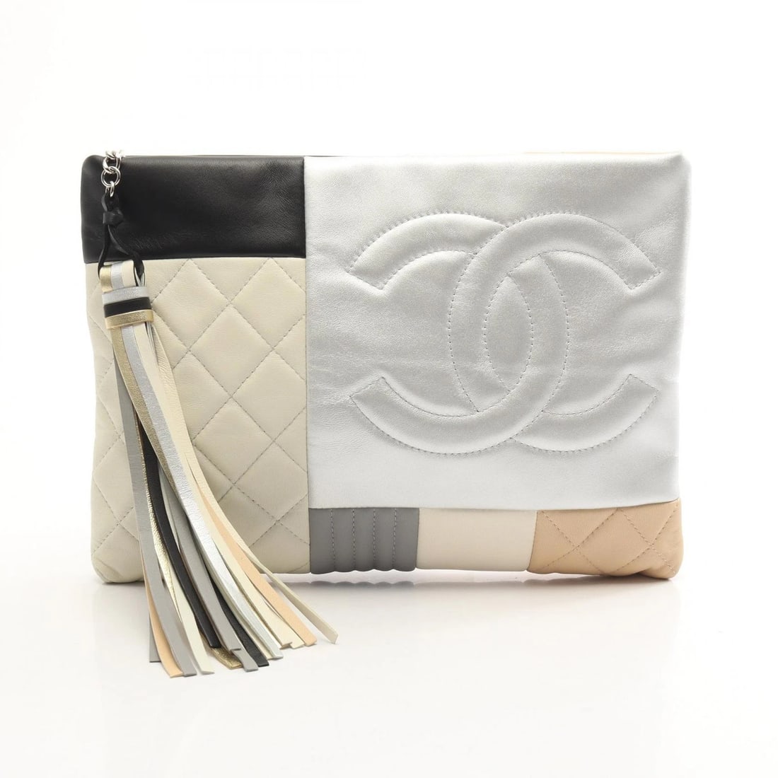 CHANEL COCO MARK PATCHWORK CLUTCH BAG POUCH: CHANEL COCO Mark Patchwork Clutch Bag Pouch Brand: CHANEL Type/Style: business bag clutch bag Material: Exterior Material Lambskin (sheep leather) Color: Exterior Color Silver?ish colors and Black?ish