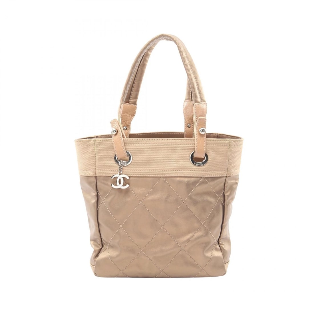 CHANEL PARIS BIARRITZ PM TOTE SHOULDER BAG: CHANEL Paris Biarritz PM Tote Shoulder Bag Brand: CHANEL Type/Style: Tote Bag Material: Exterior Material PVC coated canvas and leather Color: Exterior Color Gold?ish colors Size: H:27cm x W:25cm x D: