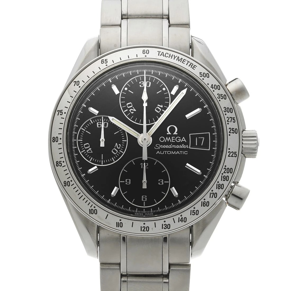 OMEGA SPEEDMASTER DATE BLACK WATCH: OMEGA Speedmaster Date black Watch Brand: OMEGA Type/Style: Wristwatch Material: Band Material Stainless steel, Case Material Stainless steel Color: Dial Color black Size: ?Case? H/About 39mm W/About 