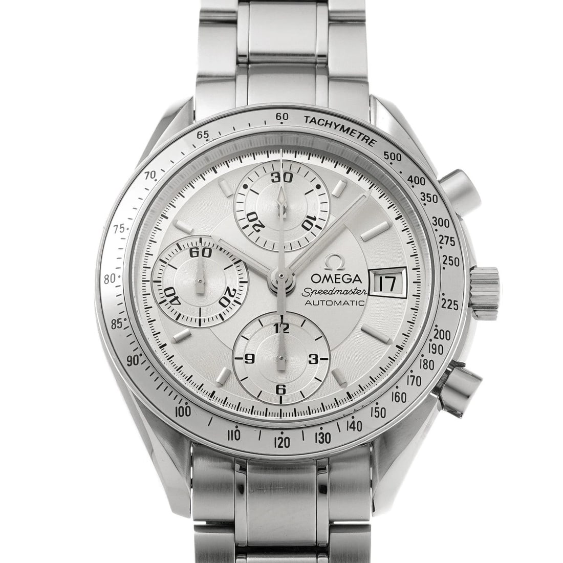 OMEGA SPEEDMASTER DATE SILVER WATCH: OMEGA Speedmaster Date Silver Watch Brand: OMEGA Type/Style: Wristwatch Material: Band Material Stainless steel, Case Material Stainless steel Color: Dial Color Silver Size: ?Case? H/About 39mm W/Abou