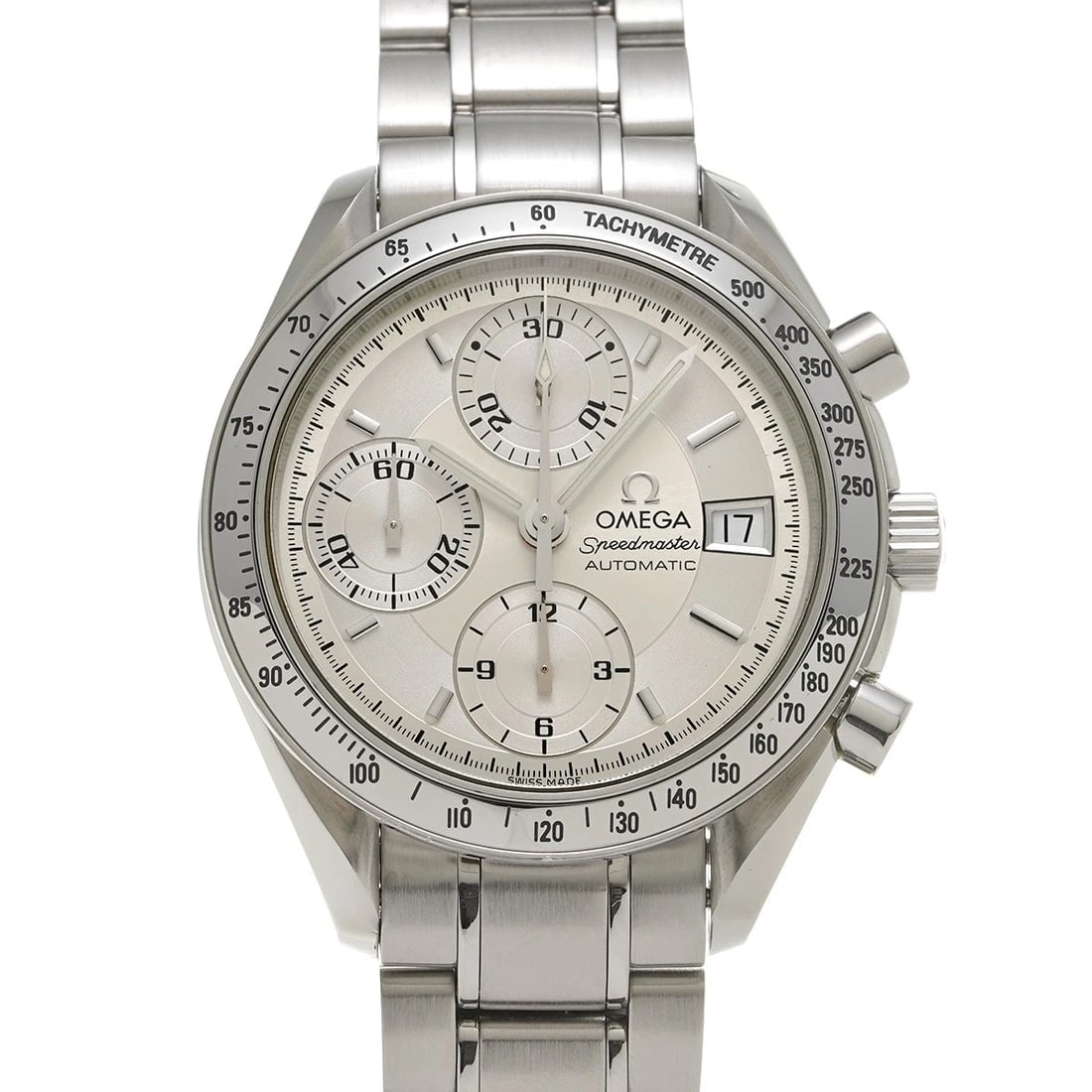 OMEGA SPEEDMASTER DATE SILVER WATCH: OMEGA Speedmaster Date Silver Watch Brand: OMEGA Type/Style: Wristwatch Material: Band Material Stainless steel, Case Material Stainless steel Color: Dial Color Silver Size: ?Case? H/About 39mm W/Abou