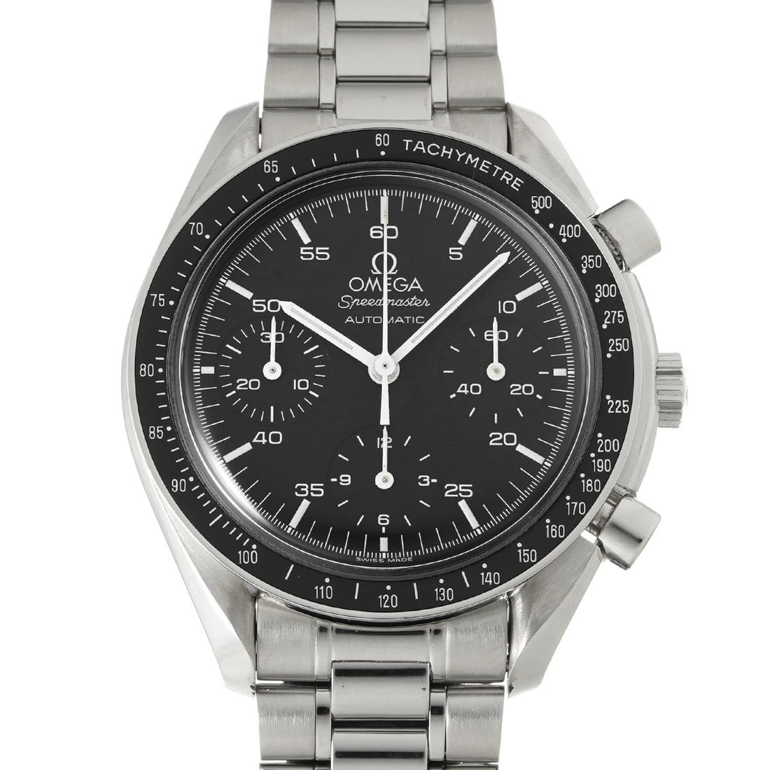 OMEGA SPEEDMASTER AUTOMATIC BLACK WATCH: OMEGA Speedmaster Automatic black Watch Brand: OMEGA Type/Style: Wristwatch Material: Band Material Stainless steel, Case Material Stainless steel Color: Dial Color black Size: ?Case? H/About 39mm W/A
