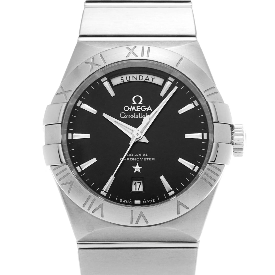 OMEGA CONSTELLATION CO-AXIAL DATE BLACK WATCH: OMEGA Constellation Co-axial Date black Watch Brand: OMEGA Type/Style: Wristwatch Material: Band Material Stainless steel, Case Material Stainless steel Color: Dial Color black Size: ?Case? H/About 38