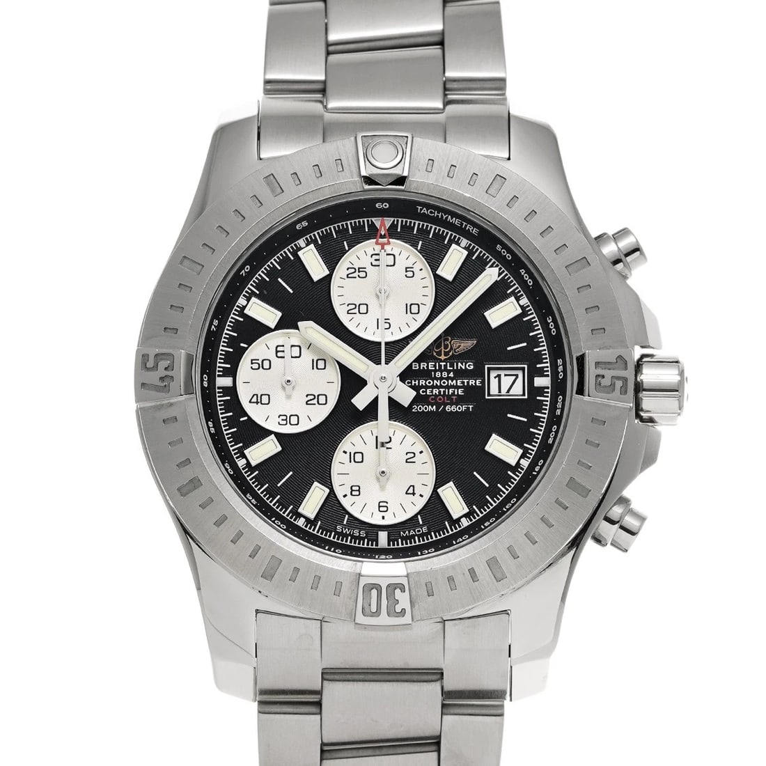 BREITLING CHRONOGRAPH AUTOMATIC BLACK SILVER WATCH: BREITLING Chronograph Automatic black Silver Watch Brand: BREITLING Type/Style: Wristwatch Material: Band Material Stainless steel, Case Material Stainless steel Color: Dial Color black/Silver Size: ?