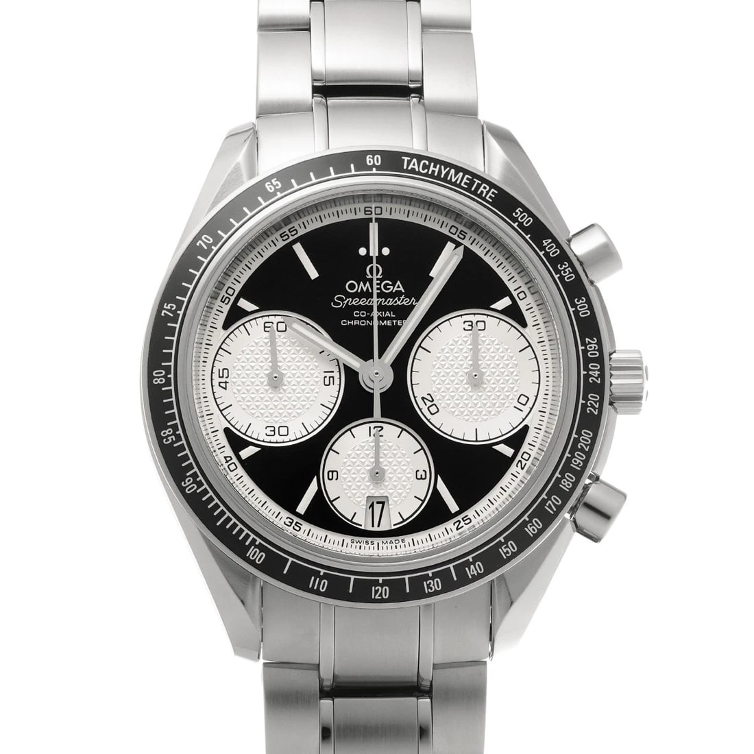 OMEGA SPEEDMASTER RACING CO-AXIAL BLACK SILVER WATCH: OMEGA Speedmaster Racing Co-axial black Silver Watch Brand: OMEGA Type/Style: Wristwatch Material: Band Material Stainless steel, Case Material Stainless steel Color: Dial Color black/Silver Size: ?Ca