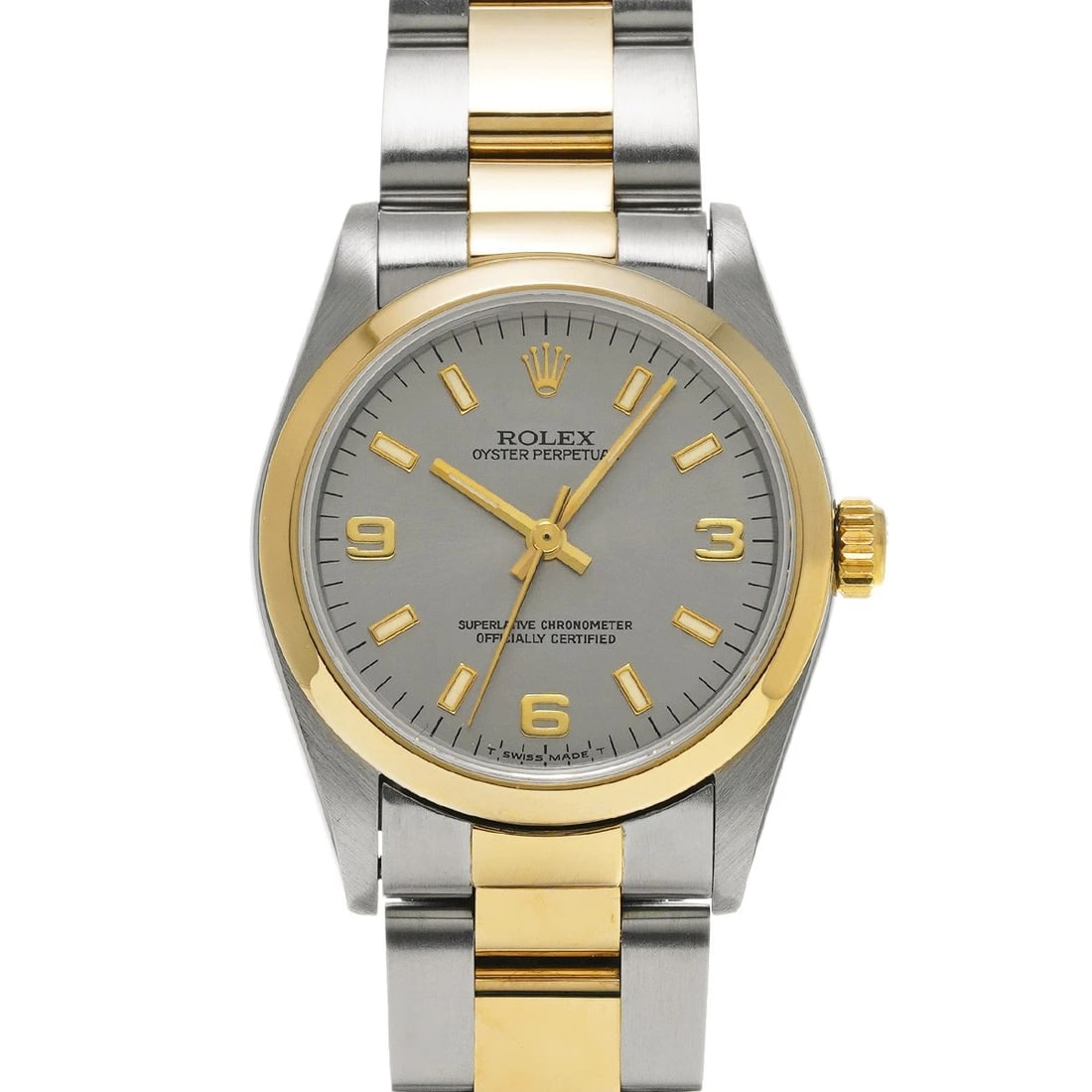 ROLEX OYSTER PERPETUAL GRAY WATCH: ROLEX Oyster Perpetual gray Watch Brand: ROLEX Type/Style: Wristwatch Material: Band Material Stainless steel/Yellow Gold, Case Material Stainless steel Color: Dial Color gray Size: ?Case? H/About 31m