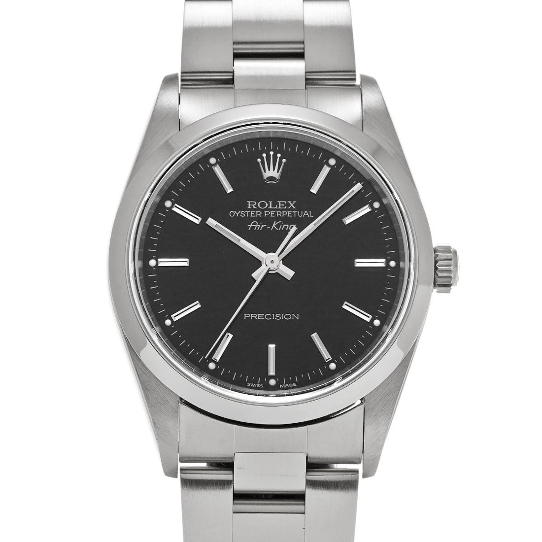 ROLEX AIR KING BLACK WATCH: ROLEX Air King black Watch Brand: ROLEX Type/Style: Wristwatch Material: Band Material Stainless steel, Case Material Stainless steel Color: Dial Color black Size: ?Case? H/About 34mm W/About 34mm D/A