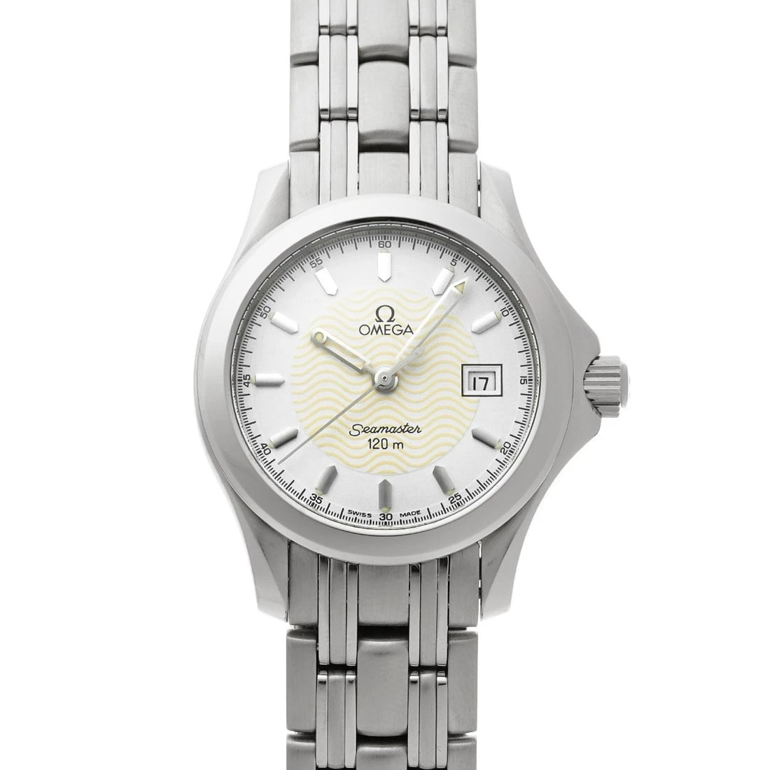 OMEGA SEAMASTER WHITE WATCH: OMEGA Seamaster white Watch Brand: OMEGA Type/Style: Wristwatch Material: Band Material Stainless steel, Case Material Stainless steel Color: Dial Color white Size: ?Case? H/About 28mm W/About 28mm D/