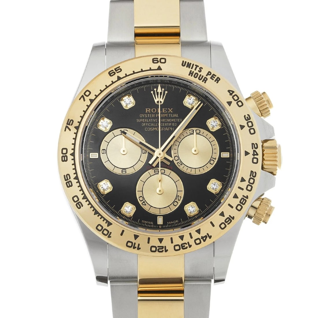 ROLEX COSMOGRAPH DAYTONA BLACK DIAMOND WATCH: ROLEX Cosmograph Daytona black diamond Watch Brand: ROLEX Type/Style: Wristwatch Material: Band Material Yellow Gold/Stainless steel, Case Material Stainless steel Color: Dial Color black/diamond Size