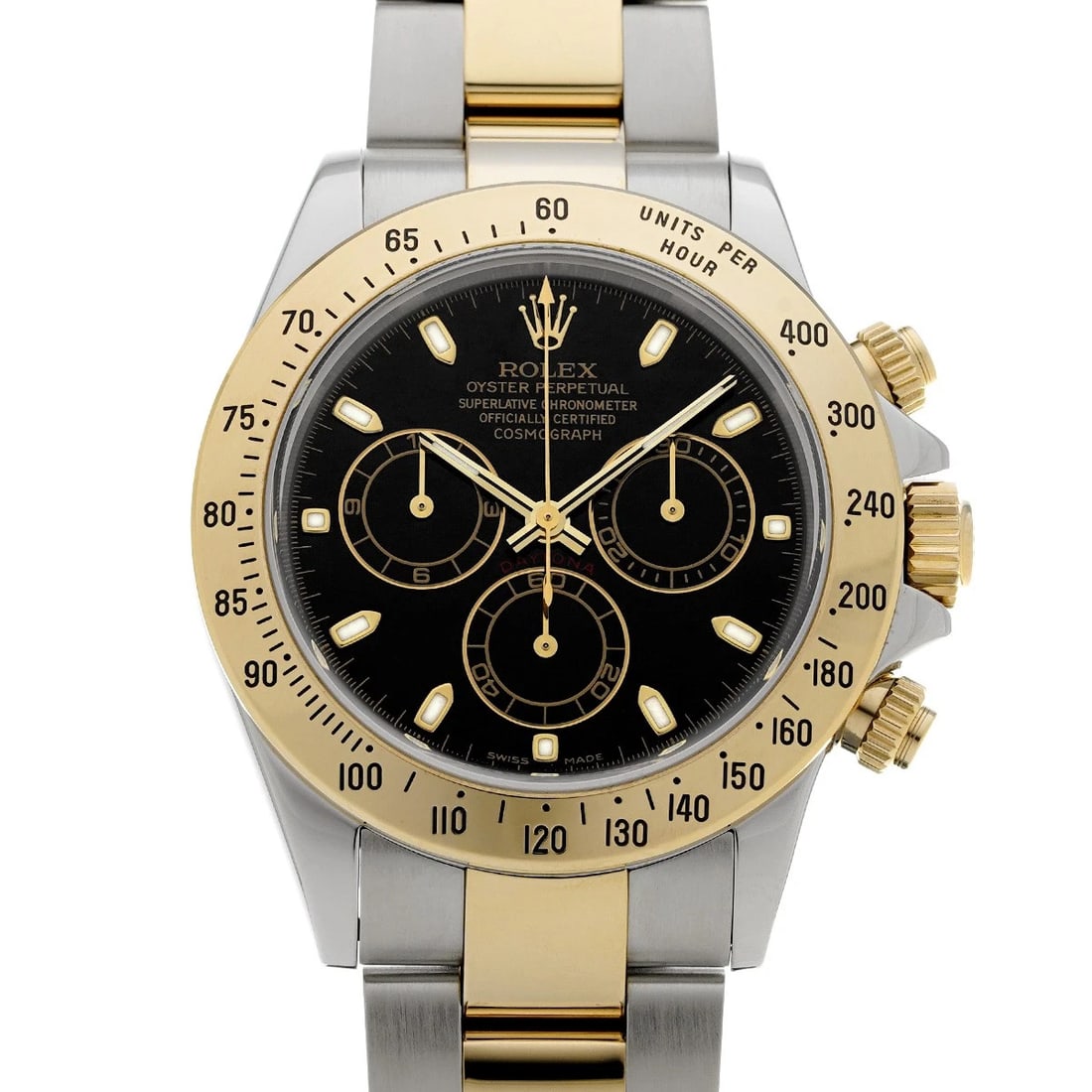 ROLEX COSMOGRAPH DAYTONA BLACK WATCH: ROLEX Cosmograph Daytona black Watch Brand: ROLEX Type/Style: Wristwatch Material: Band Material Stainless steel/Yellow Gold, Case Material Stainless steel Color: Dial Color black Size: ?Case? H/About