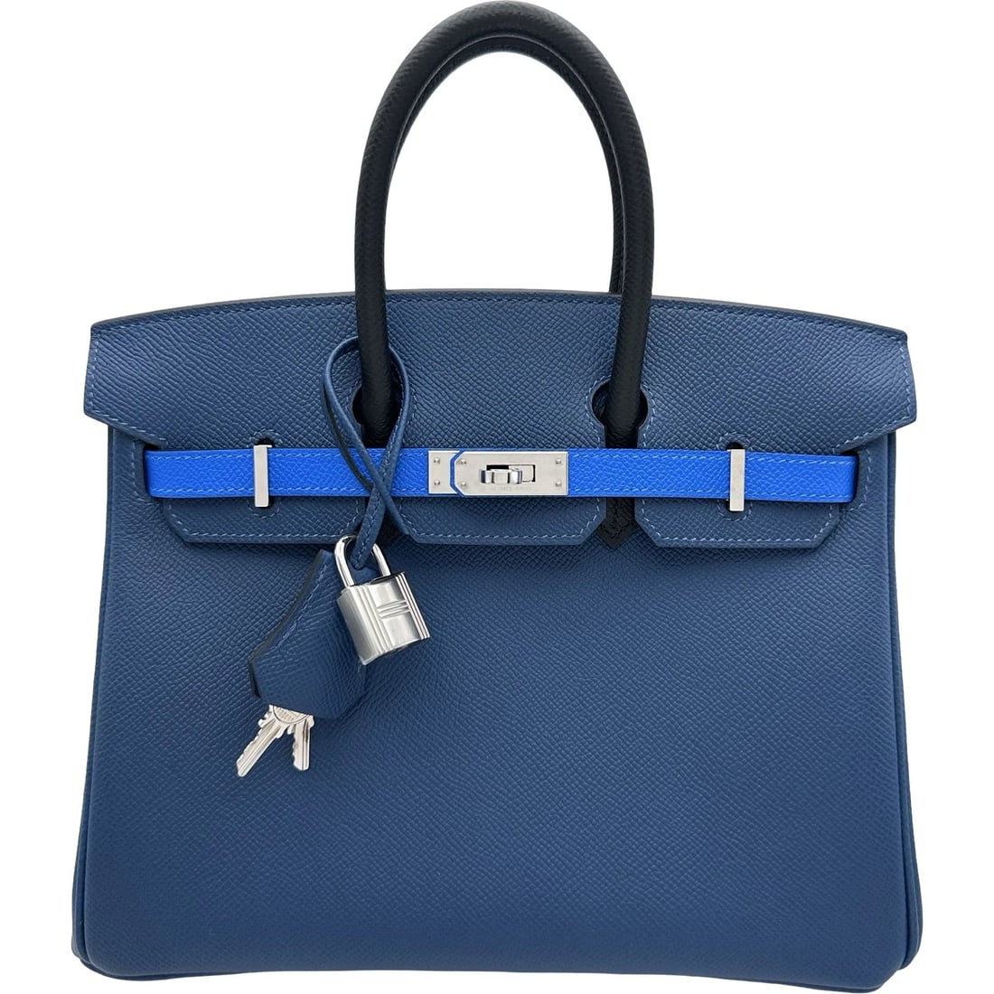 HERMES BIRKIN 25 TRICOLOR HANDBAG: HERMES birkin 25 tricolor Handbag Brand: HERMES Type/Style: Handbag Material: Epsom Color: Blue Hydra/Noir Size: W9.8 x H7.9 x D5.1inch Accessories: None Accessories Notice: When purchasin