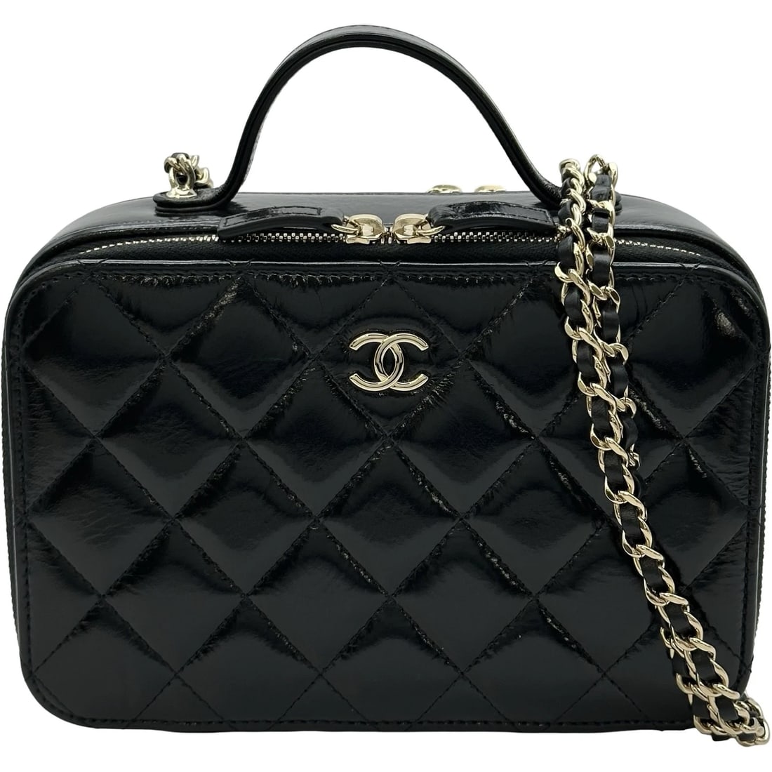 CHANEL TOP HANDLE VANITY CASE BAG SHOULDER BAG: CHANEL Top Handle Vanity Case Bag Shoulder Bag Brand: CHANEL Type/Style: Shoulder Bag Material: shiny lambskin Color: Black Gold Hardware Size: W7.3 x H5.1 x D2.8inch Accessories: None Acc