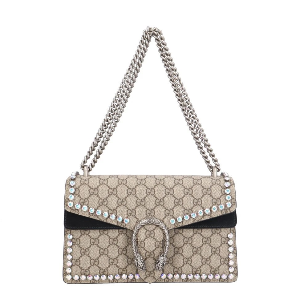 GUCCI RHINESTONE SHOULDER BAG GG SUPREME CANVAS: GUCCI Rhinestone Shoulder Bag GG Supreme Canvas Brand: GUCCI Type/Style: Shoulder Bag Material: Exterior Material GG Supreme Canvas Color: Exterior Color beige / black Size: W10.6 x H6.3 x D3.1inch