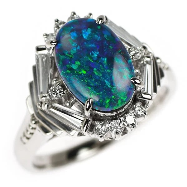 PT900 BLACK OPAL DIAMOND RING: Pt900 black opal diamond ring Brand: None Type/Style: Ring Material: Pt900, Main Stone/Creation Opal Color: PT Size: 7.25US Accessories: None Accessories Notice: When purchasing pre-owned goods,
