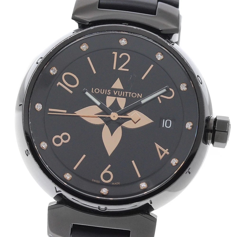 LOUIS VUITTON TAMBOUR DIAMOND BLACK DIAL QUARTZ WATCH: LOUIS VUITTON Tambour Diamond Black Dial Quartz Watch Brand: LOUIS VUITTON Type/Style: Wristwatch Material: Band Material rubber, Case Material Stainless Steel Color: Band Color black, Case Color blac