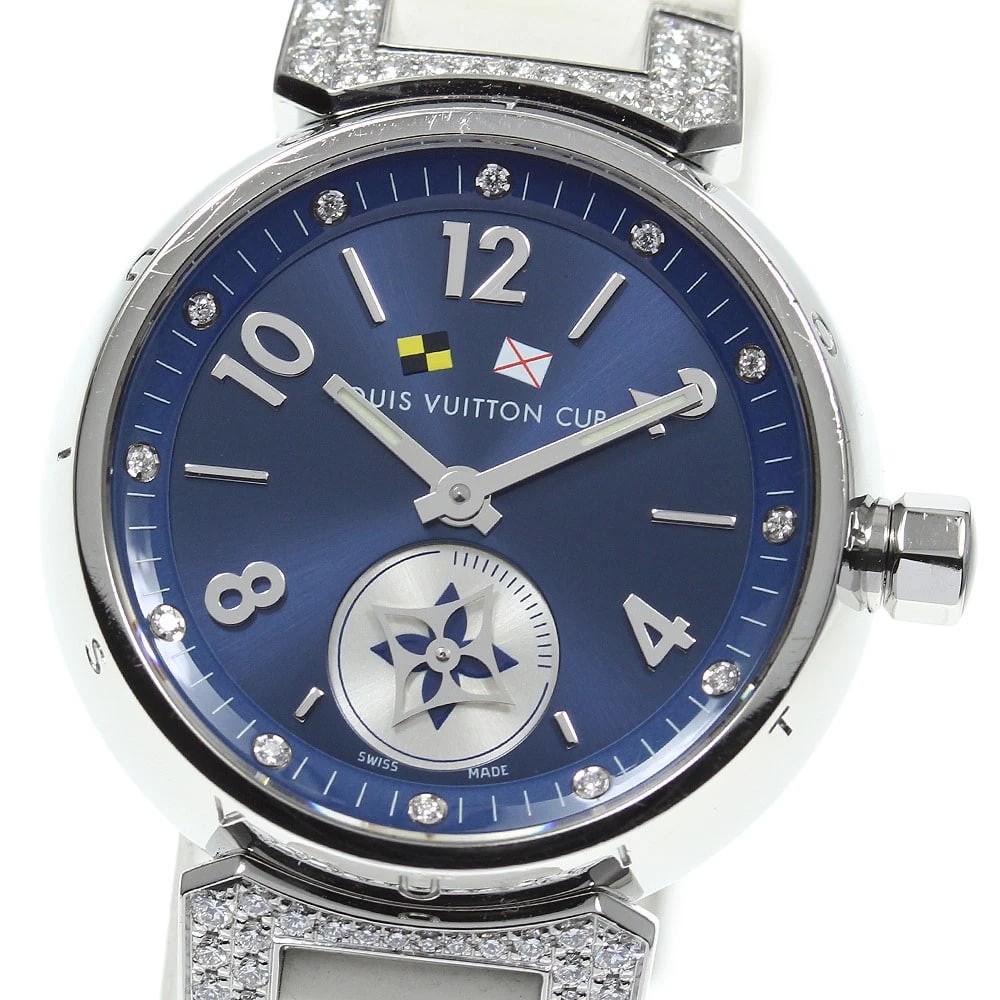 LOUIS VUITTON TAMBOUR LOVELY CUP QUARTZ WATCH: LOUIS VUITTON Tambour Lovely Cup Quartz Watch Brand: LOUIS VUITTON Type/Style: Wristwatch Material: Band Material rubber, Case Material Stainless Steel Color: Band Color white, Case Color Silver, Dial