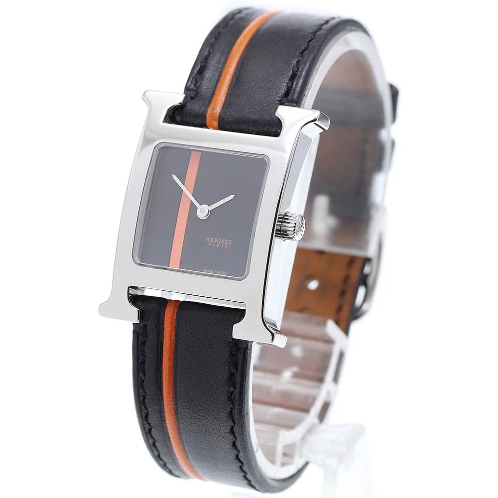 HERMES H WATCH ORANGE LINE BLACK DIAL QUARTZ WATCH: HERMES H Watch Orange Line Black Dial Quartz Watch Brand: HERMES Type/Style: Wristwatch Material: Band Material leather, Case Material Stainless Steel Color: Band Color black, Case Color Silver, Dial 
