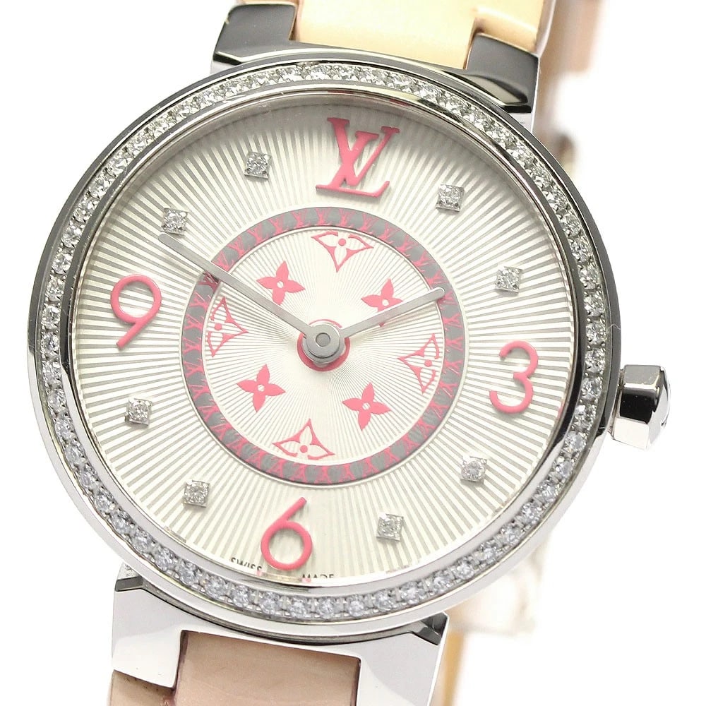 LOUIS VUITTON TAMBOUR MONOGRAM DIAMOND BEZEL DIAMOND QUARTZ WATCH: LOUIS VUITTON Tambour Monogram Diamond Bezel Diamond Quartz Watch Brand: LOUIS VUITTON Type/Style: Wristwatch Material: Band Material leather, Case Material Stainless Steel Color: Band Color pink, Cas