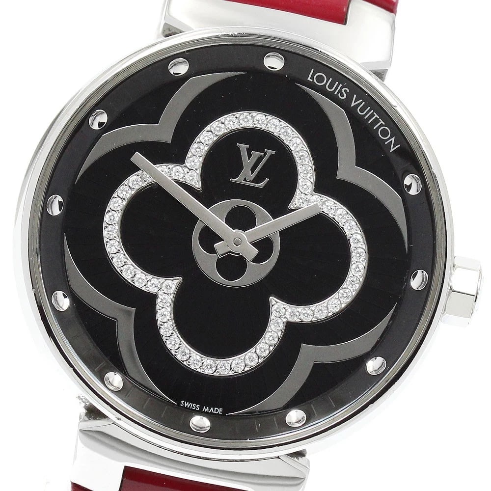 LOUIS VUITTON TAMBOUR MOON DIVINE DIAMOND BLACK DIAL QUARTZ WATCH: LOUIS VUITTON Tambour Moon Divine Diamond Black Dial Quartz Watch Brand: LOUIS VUITTON Type/Style: Wristwatch Material: Band Material leather, Case Material Stainless Steel Color: Band Color pink, Cas