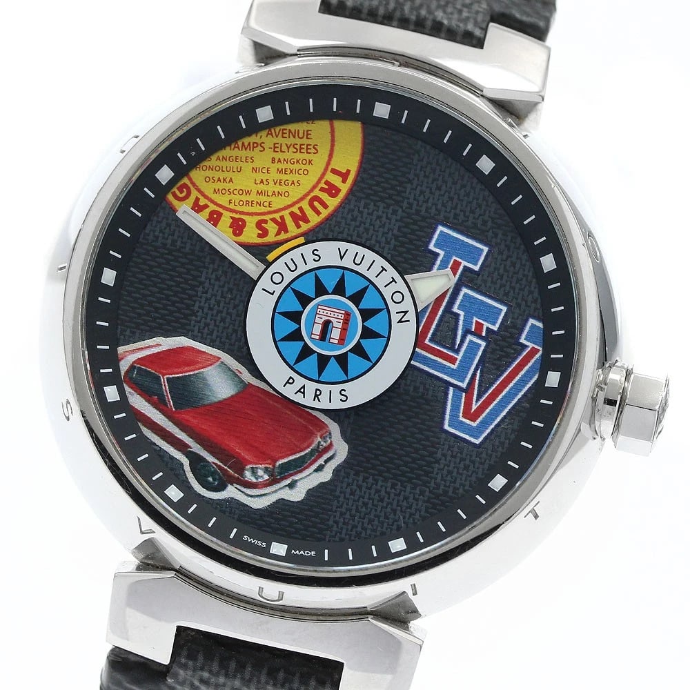 LOUIS VUITTON TAMBOUR GM DAMIER WORLD TOUR BLACK DIAL QUARTZ WATCH: LOUIS VUITTON Tambour GM Damier World Tour Black Dial Quartz Watch Brand: LOUIS VUITTON Type/Style: Wristwatch Material: Band Material leather, Case Material Stainless Steel Color: Band Color black, C
