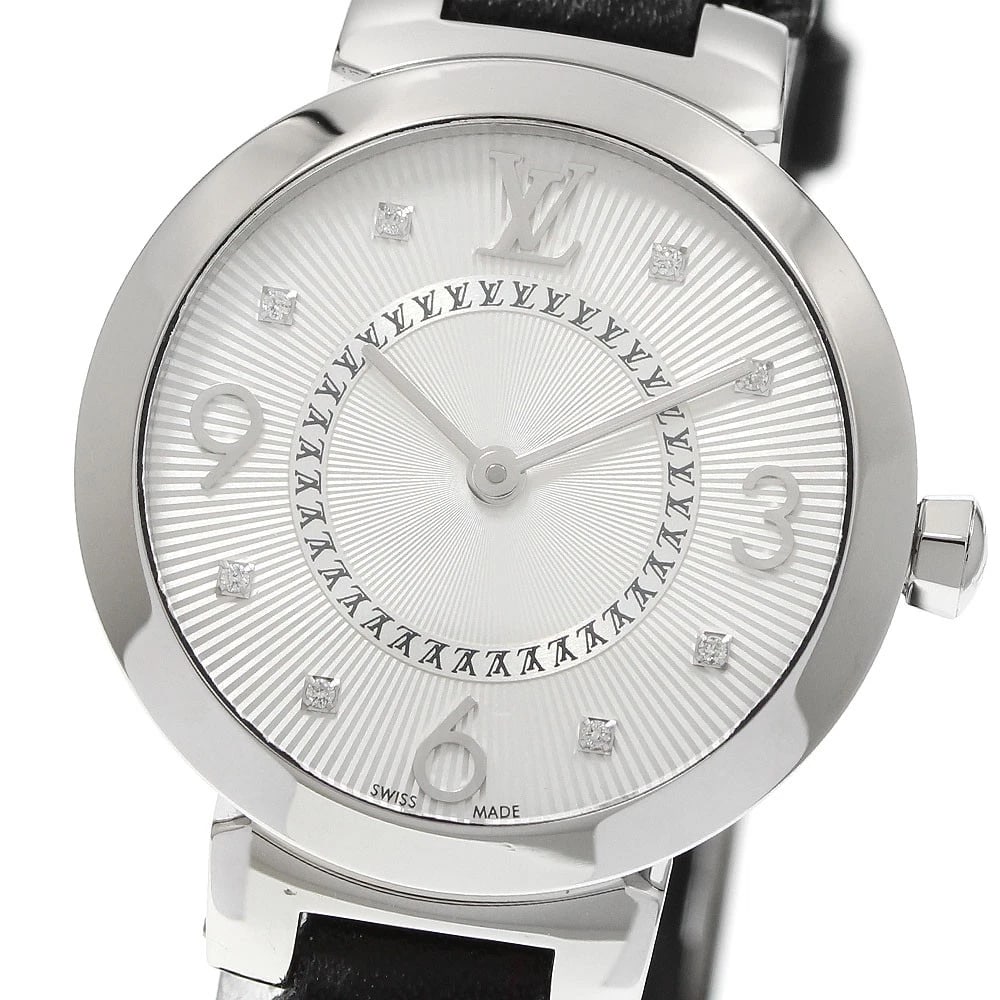 LOUIS VUITTON TAMBOUR SLIM DIAMOND SILVER DIAL QUARTZ WATCH: LOUIS VUITTON Tambour Slim Diamond Silver Dial Quartz Watch Brand: LOUIS VUITTON Type/Style: Wristwatch Material: Band Material leather, Case Material Stainless Steel Color: Band Color black, Case Col