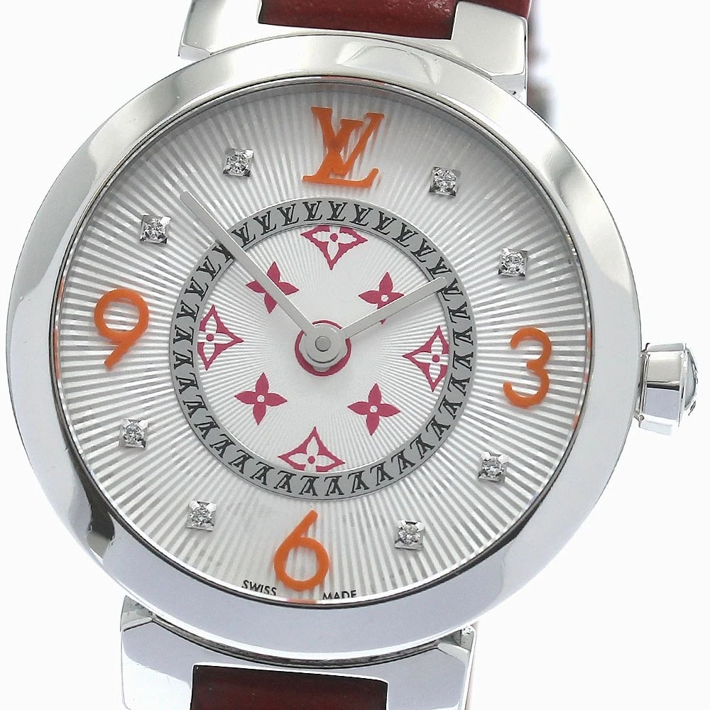 LOUIS VUITTON TAMBOUR PM MONOGRAM FUCHSIA ORANGE DIAMOND WATCH: LOUIS VUITTON Tambour PM Monogram Fuchsia Orange Diamond Watch Brand: LOUIS VUITTON Type/Style: Wristwatch Material: Band Material leather, Case Material Stainless Steel Color: Band Color Brown / Red,